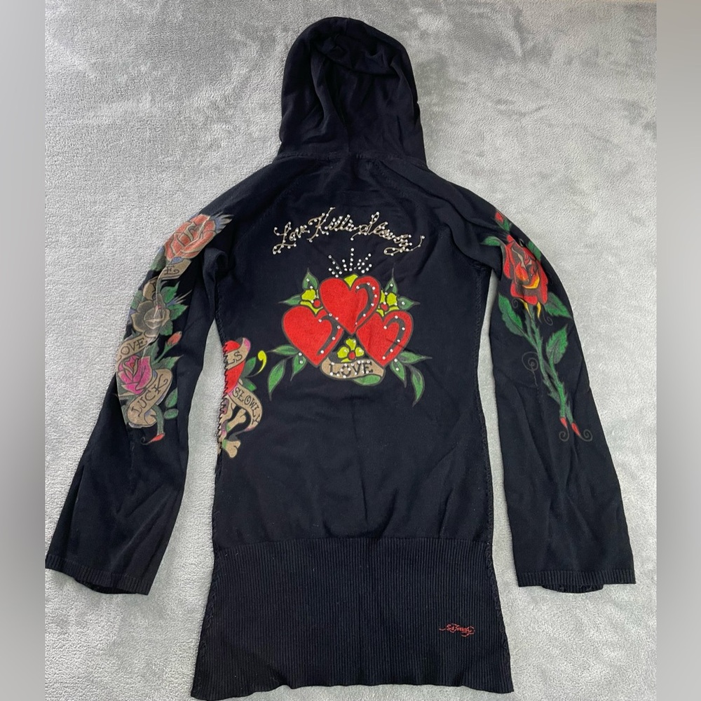 ED HARDY M Black Long Sleeve Love Kills Slowly Studded Hooded Sweater Blouse rip